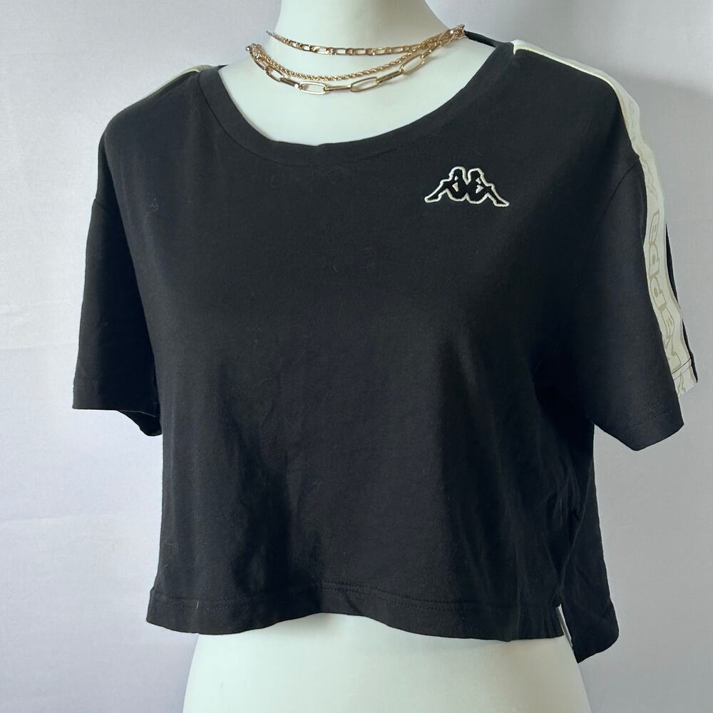 Kappa Crop Top Large Black Logo Tape Sleeve Olympic Track Style Tee athleisure
